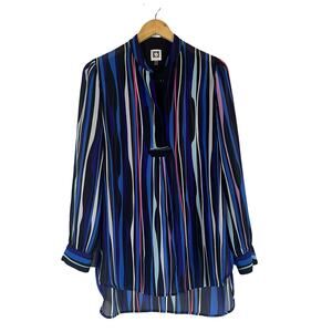 ANNE KLEIN Women's Career Blouse Long Sleeve Chiffon Stripes Black Blue 4